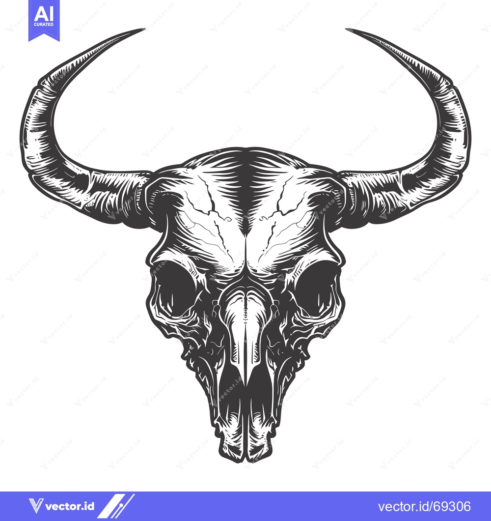 Premium Vector of Detailed Black and White Illustration of a Bull Skull