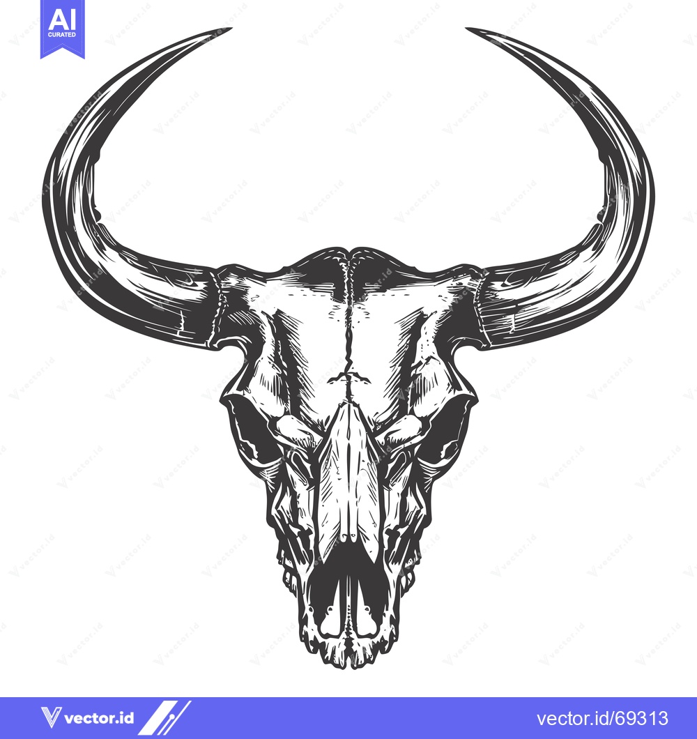 Premium Vector of Hand-Drawn Illustration of a Bull Skull with Curved Horns
