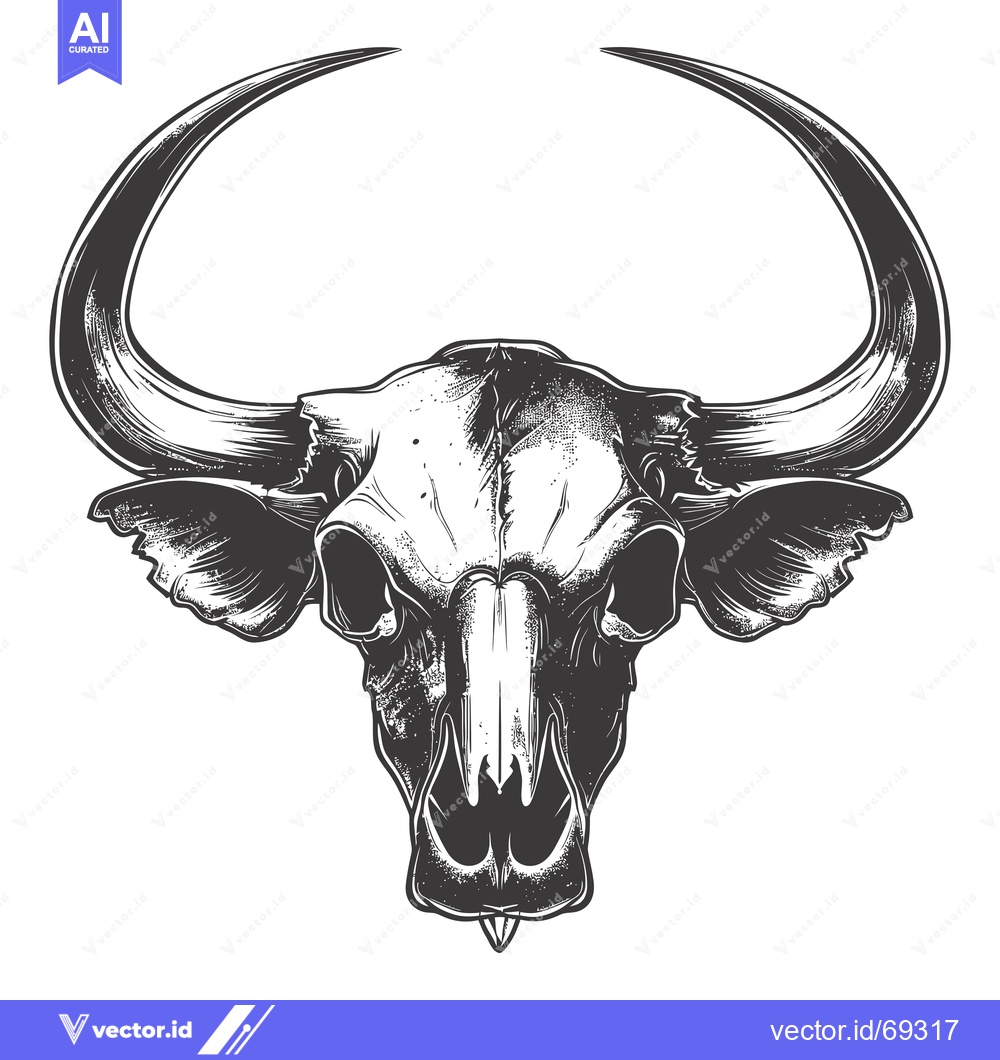 Premium Vector dari Black and White Illustration of a Bull Skull with Large Horns