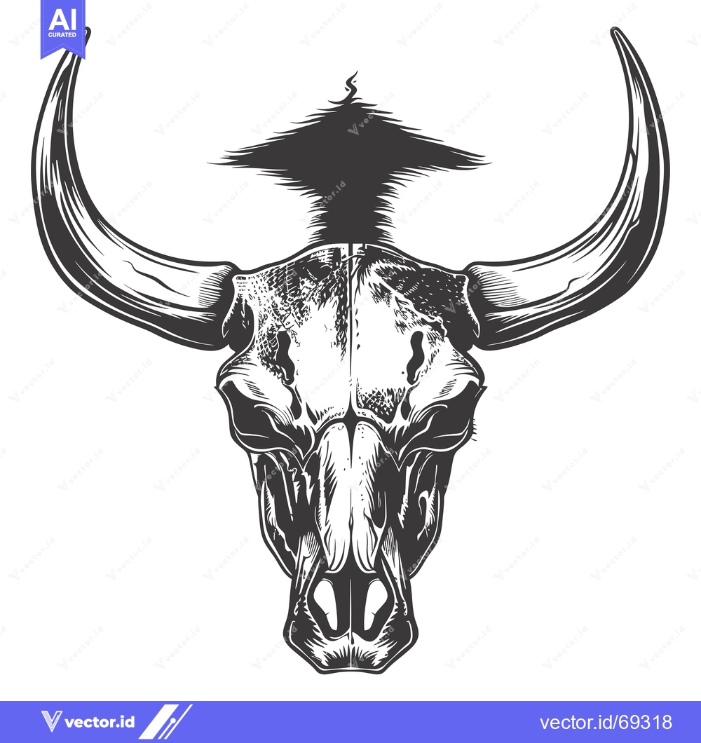 Premium Vector dari A Detailed Drawing of a Bull Skull with Horns and a Shaggy Top
