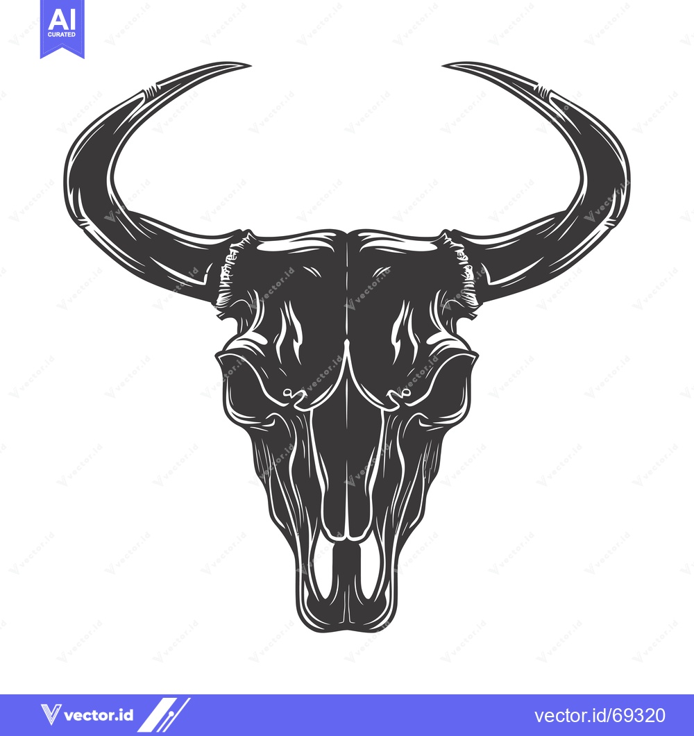 Premium Vector dari Black and White Illustration of a Bull Skull with Large Horns