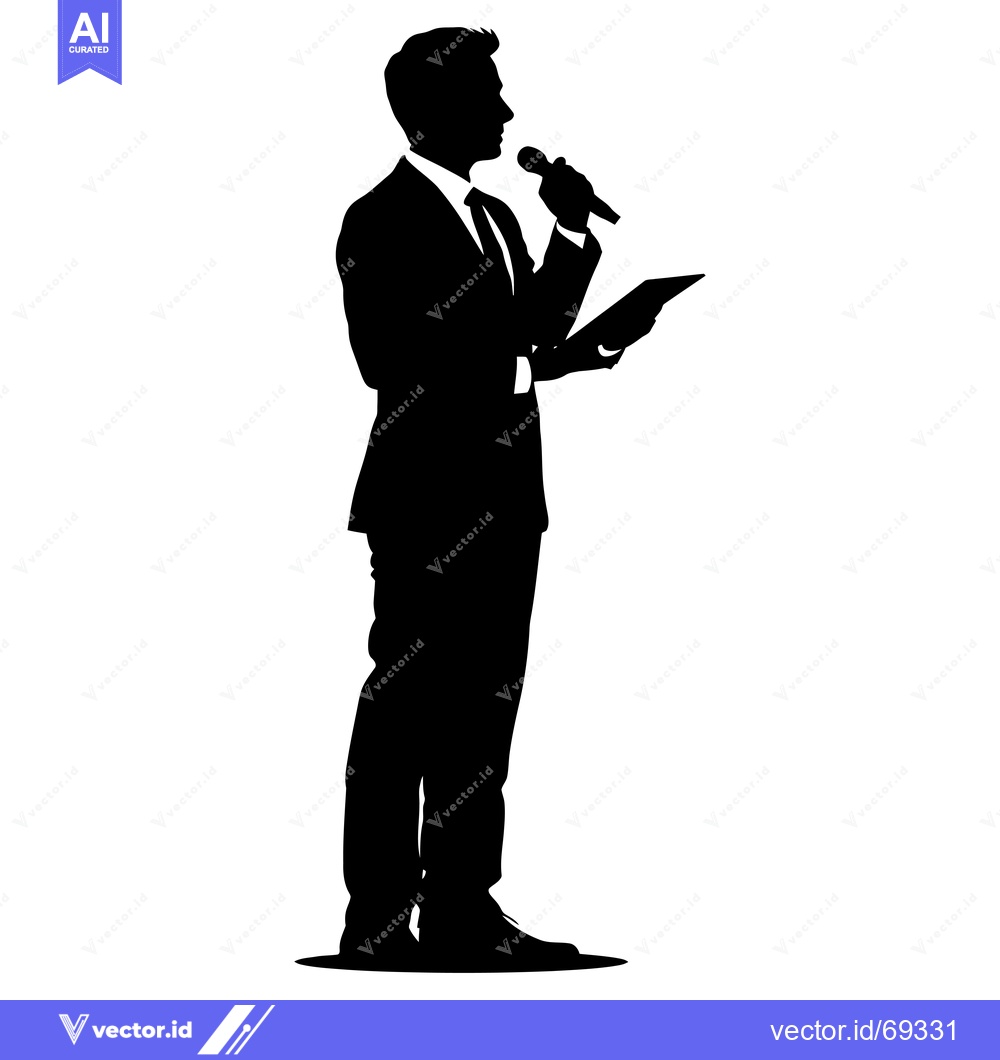 Premium Vector of Silhouette of a Man Speaking with a Microphone and Holding a Tablet