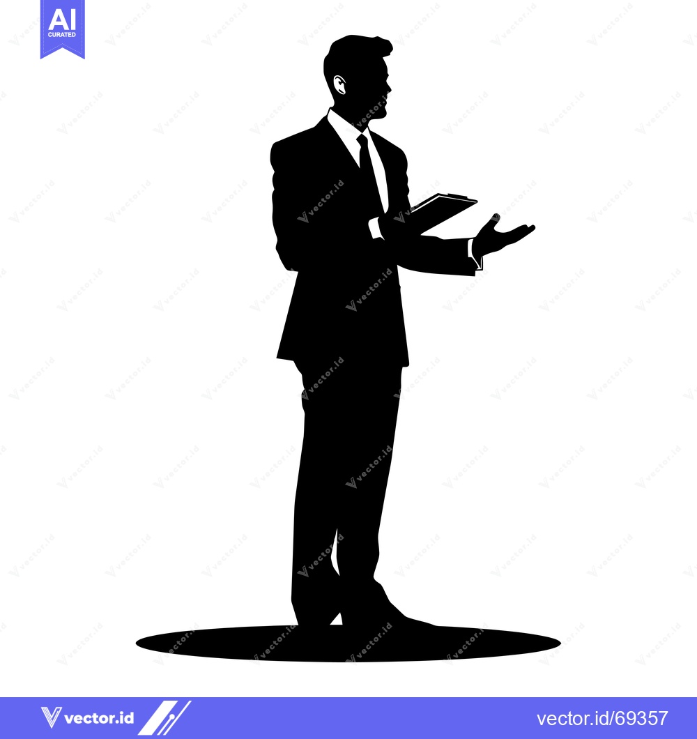 Premium Vector dari Silhouette of a Man in a Suit Holding a Tablet and Gesturing