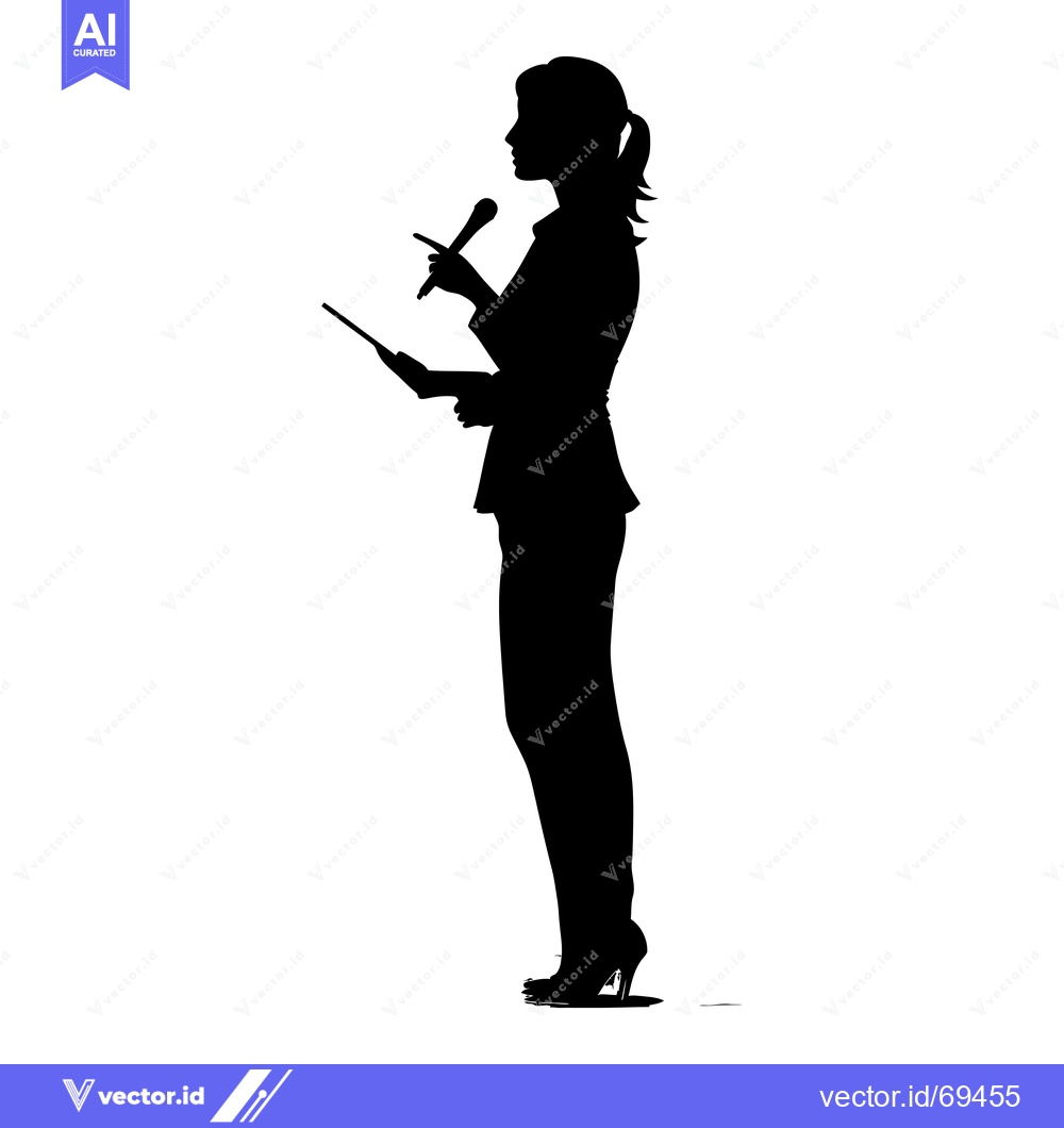 Premium Vector dari Silhouette of a Woman Holding a Microphone and a Tablet
