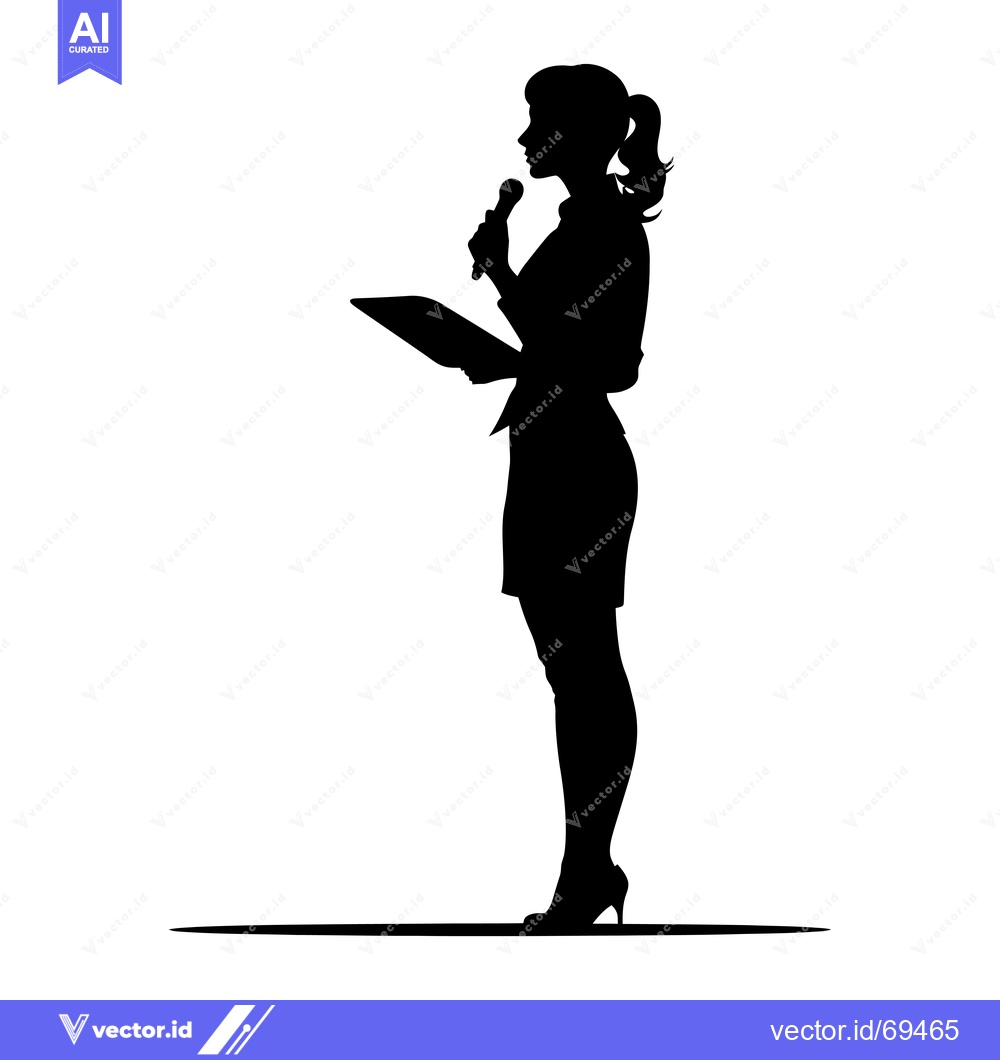 Premium Vector dari Silhouette of a Woman Speaking with a Microphone and Holding a Tablet