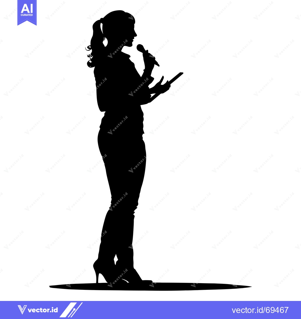 Premium Vector of Silhouette of a Woman Speaking with a Microphone and Holding a Tablet
