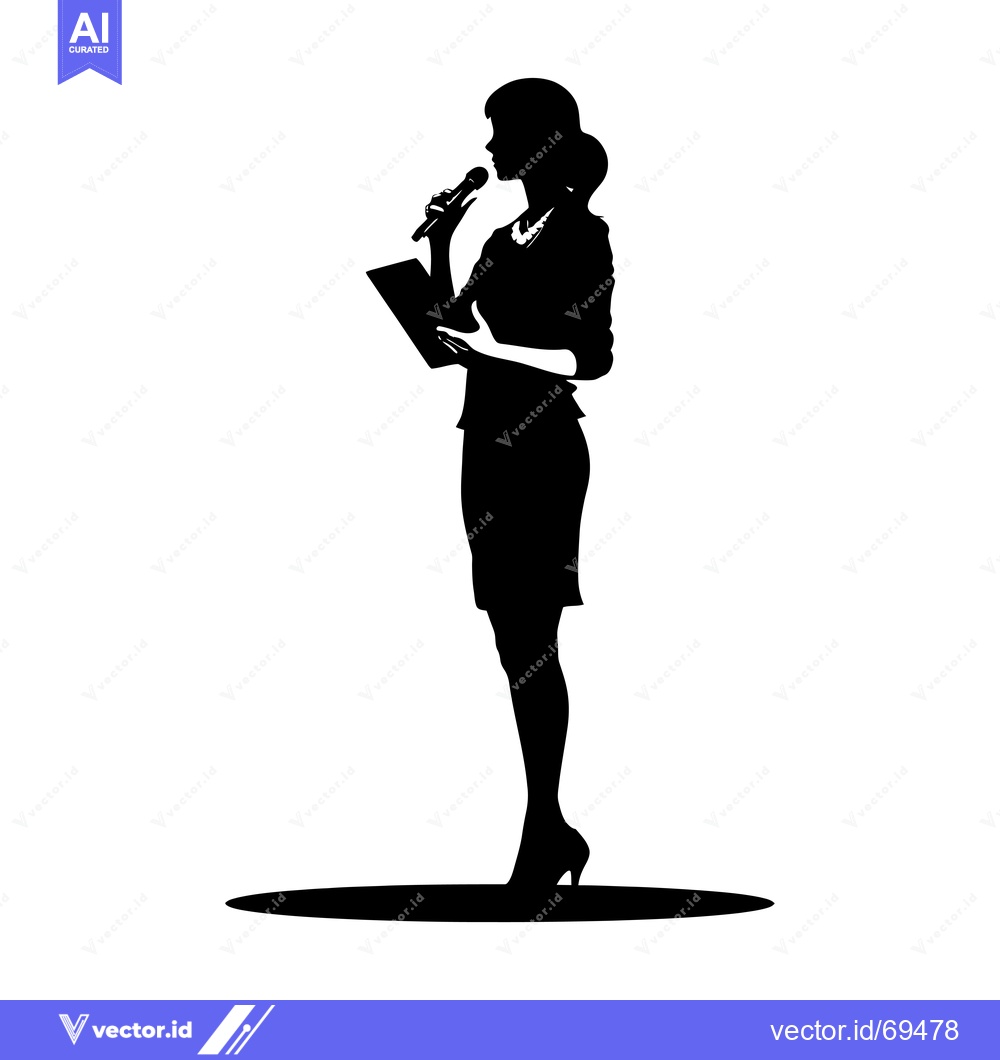 Premium Vector dari Silhouette of a Woman Speaking with a Microphone and Holding a Noteboo