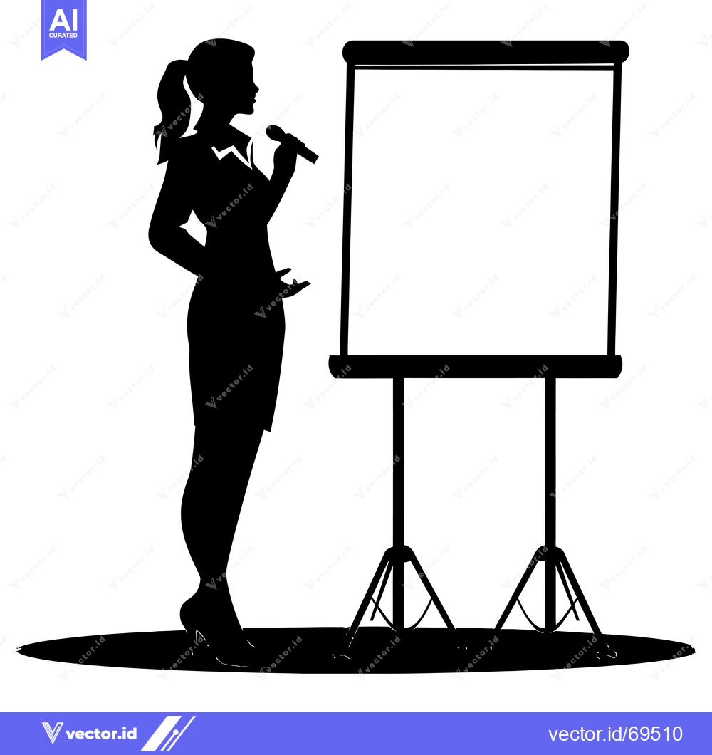 Premium Vector dari Silhouette of a woman speaking with a microphone in front of a present