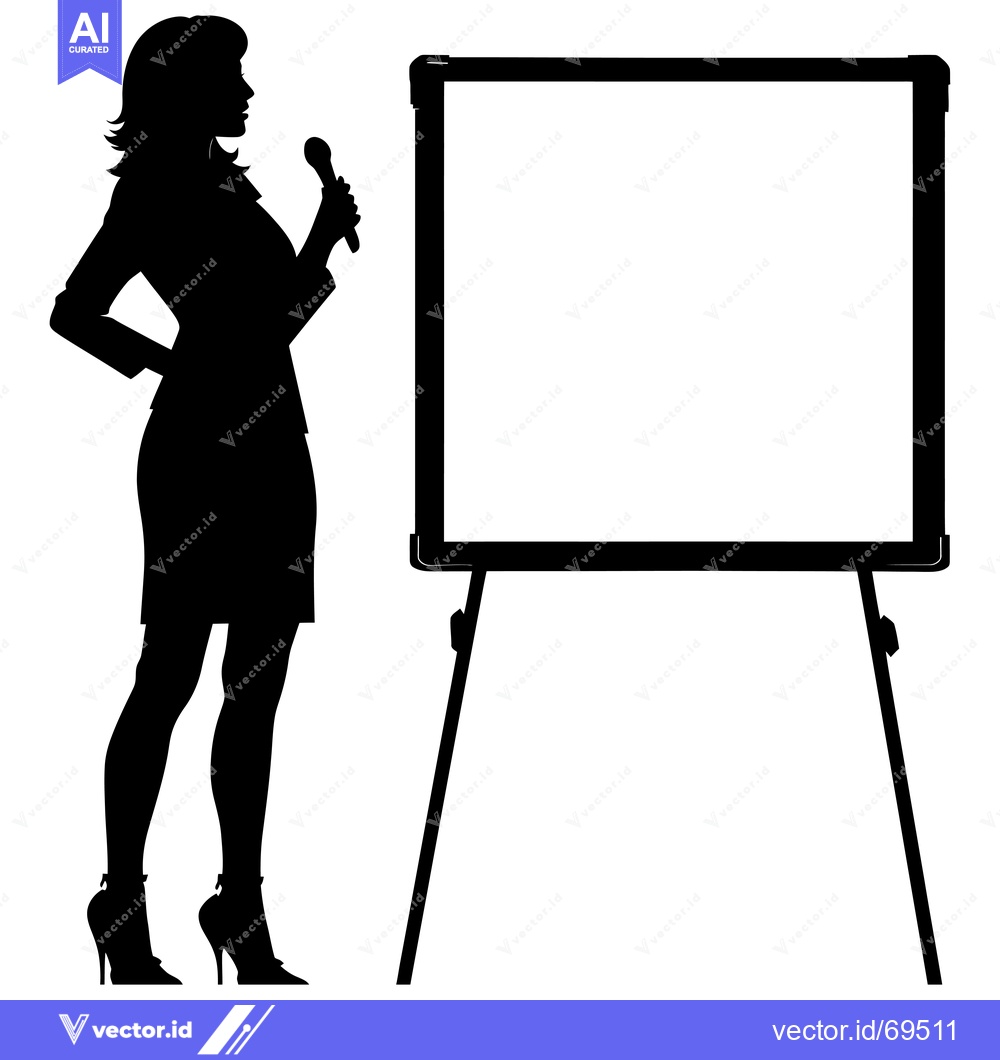 Premium Vector of Silhouette of a Woman Presenting with a Microphone and a Blank Whitebo