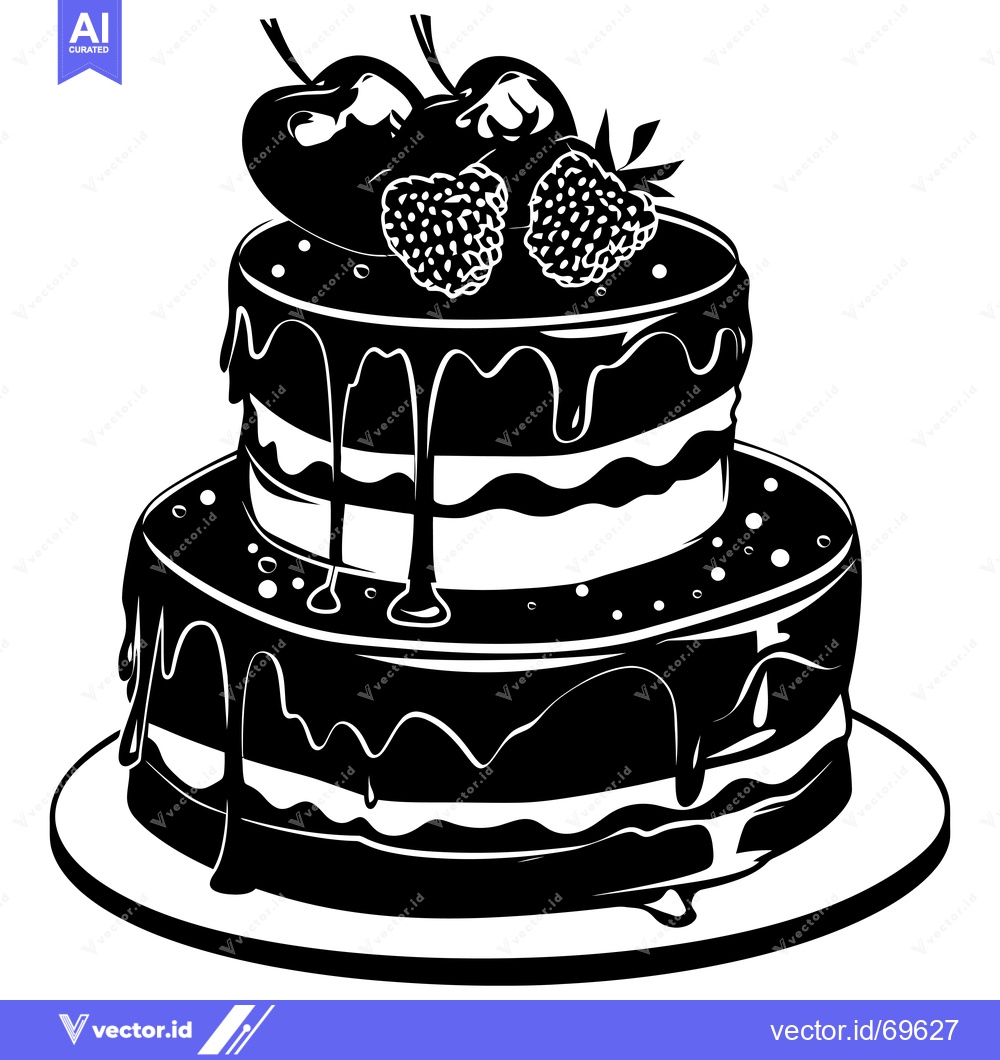 Premium Vector of Two-Tiered Chocolate Cake with Drizzled Icing and Strawberries