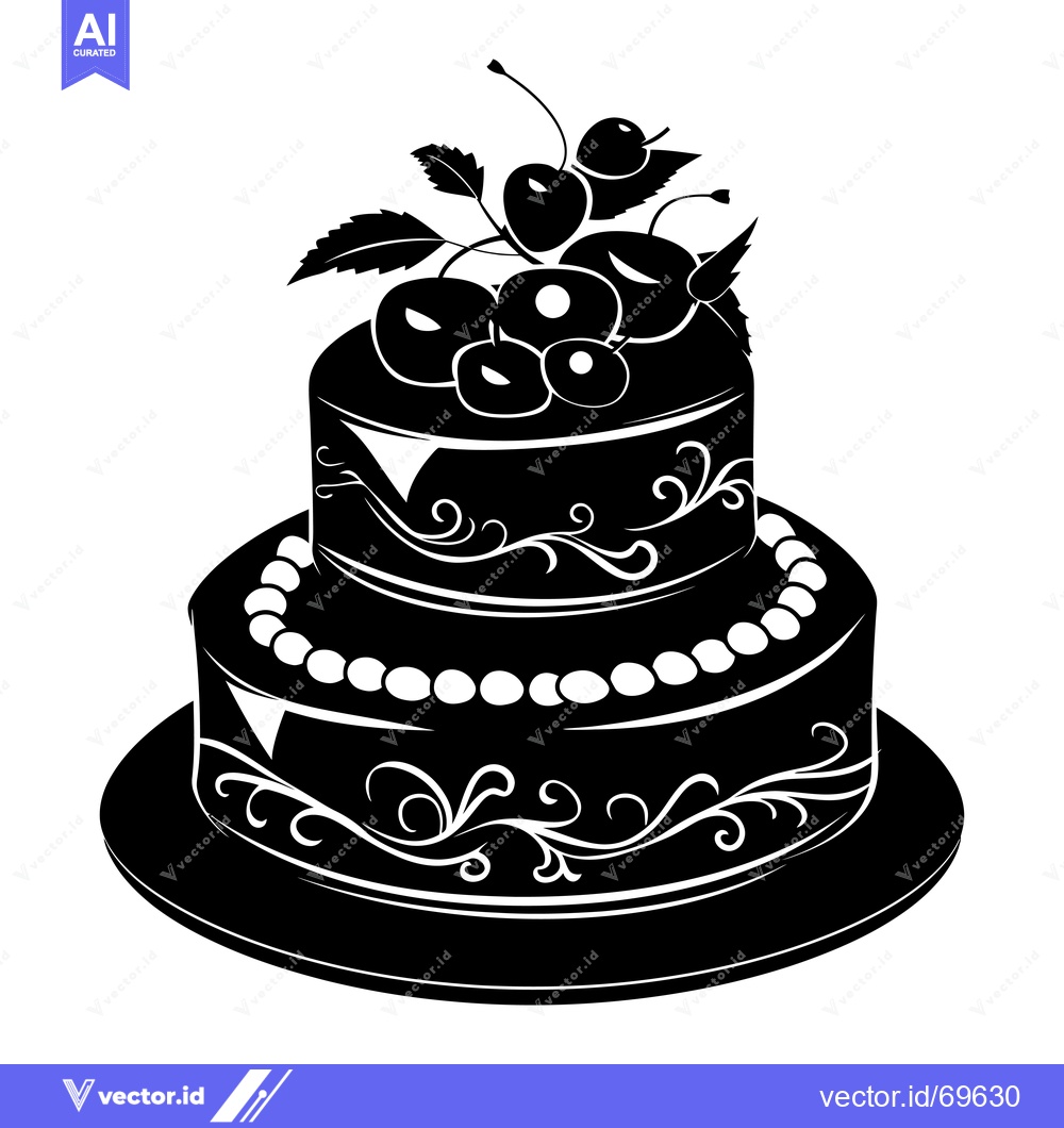 Premium Vector dari Black and white silhouette of a two-tiered cake decorated with cherrie