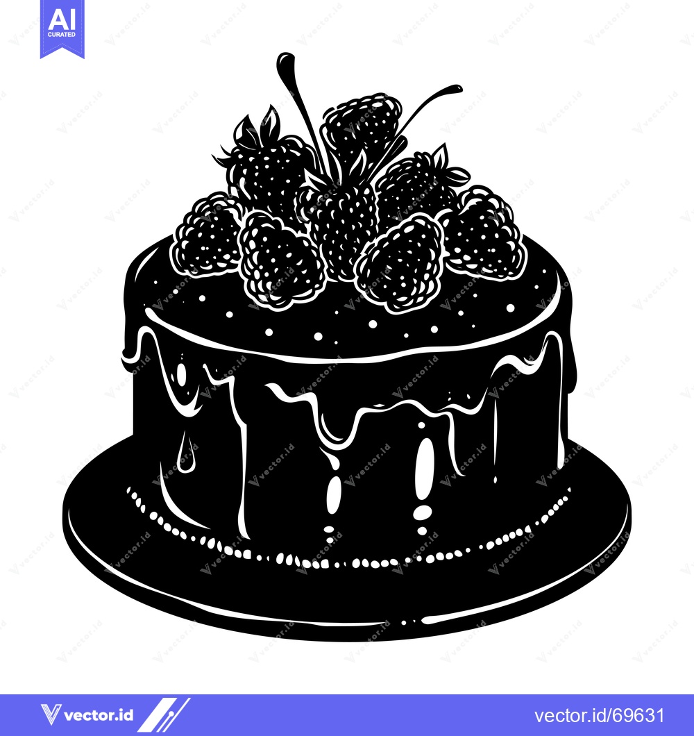 Premium Vector dari Black and White Silhouette of a Cake Topped with Raspberries