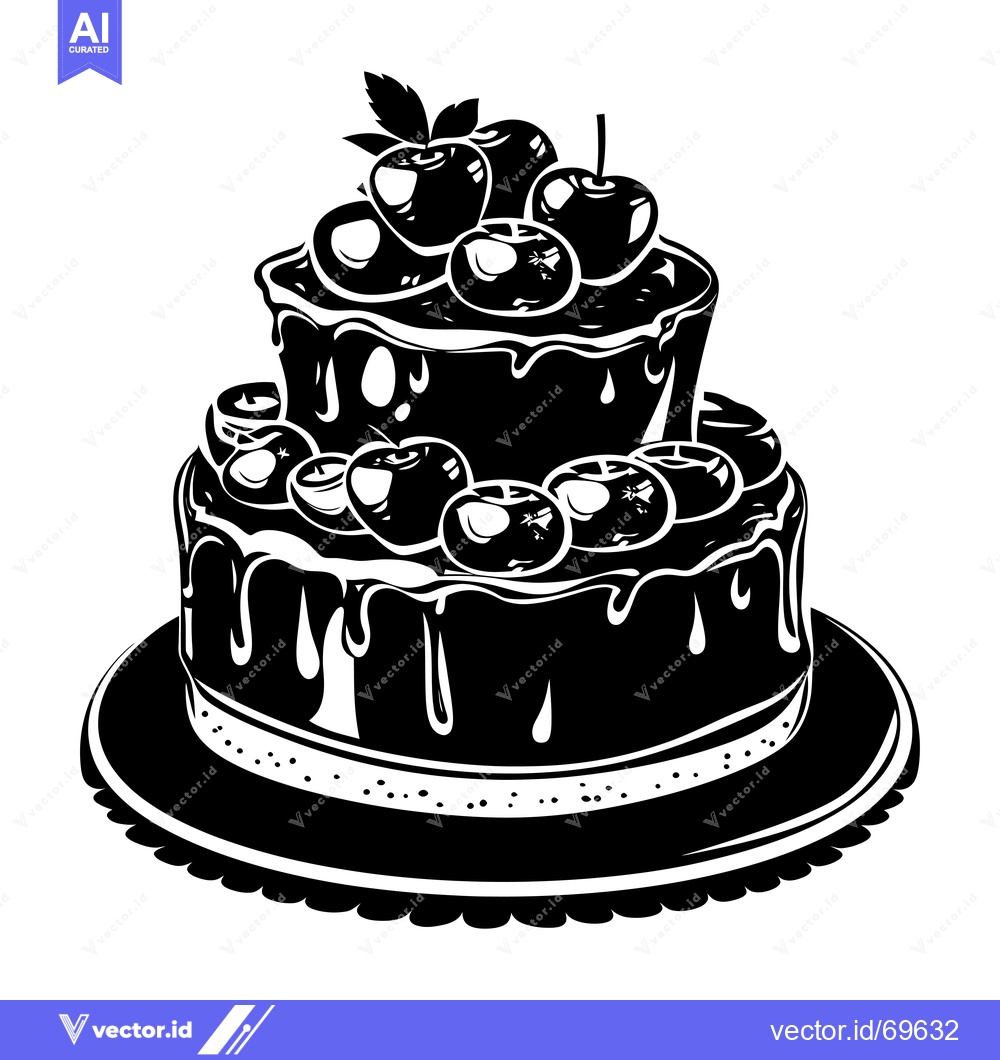 Premium Vector of Black and White Silhouette of a Two-Tiered Cake Topped with Cherries