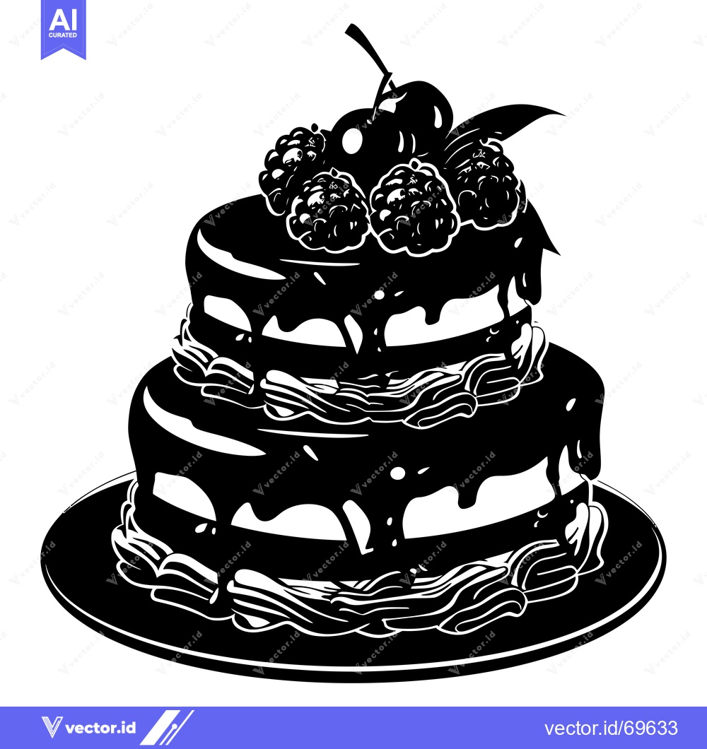 Premium Vector dari Black and White Silhouette of a Two-Tiered Cake with Berries and a Che