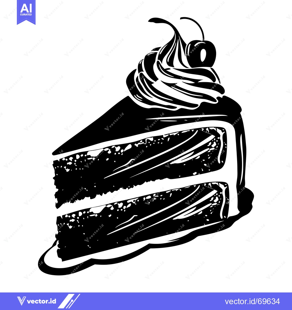 Premium Vector dari Black and White Illustration of a Slice of Cake with Cherry Topping