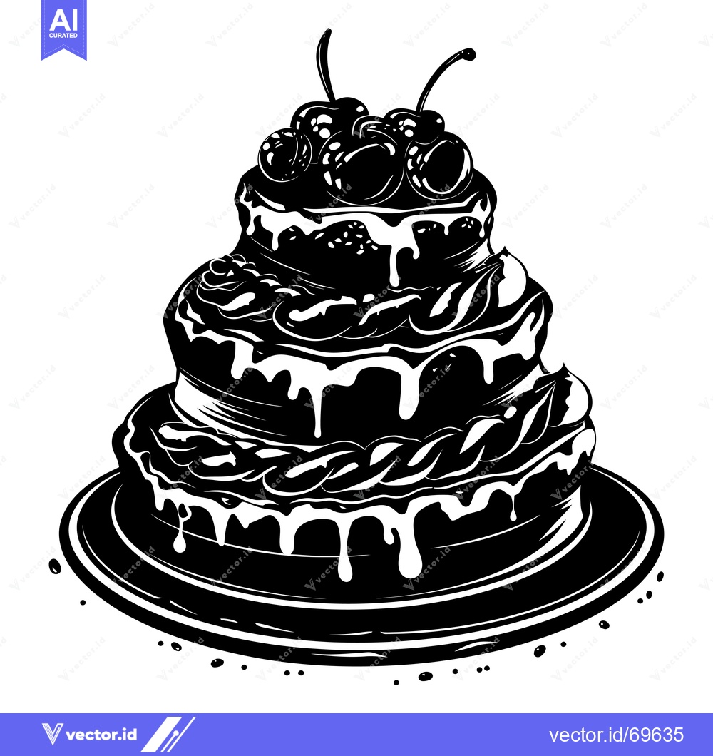 Premium Vector dari Black and White Illustration of a Three-Tiered Cherry Cake with Drippi