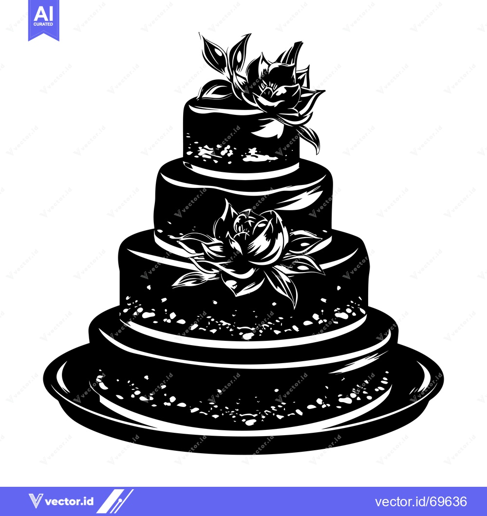 Premium Vector of Black and White Silhouette of a Four-Tier Wedding Cake with Floral Dec