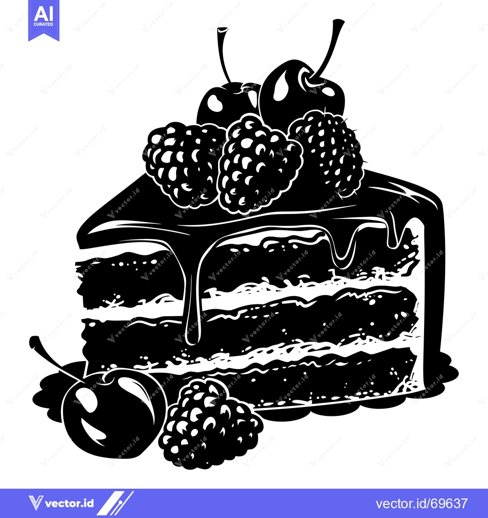 Premium Vector of Black and White Illustration of a Cake with Cherries and Raspberries