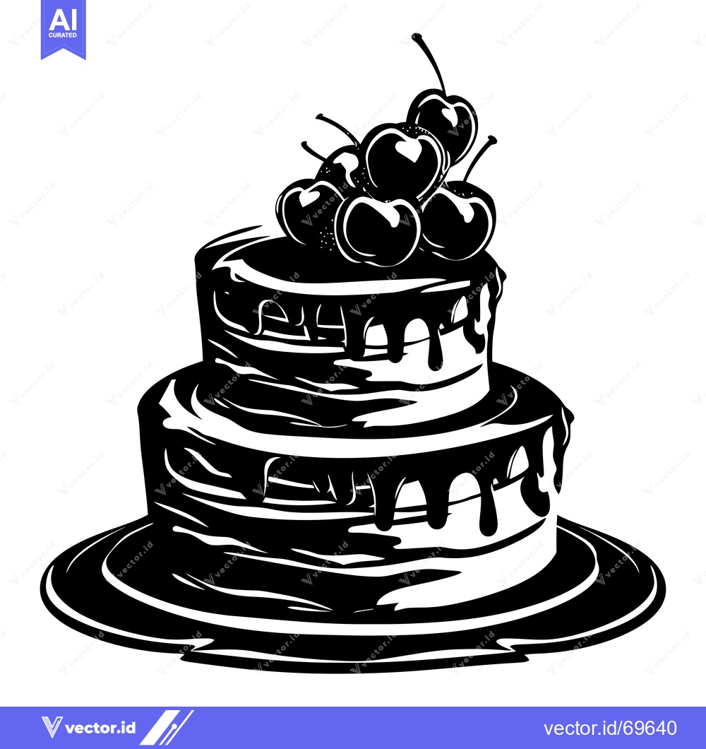 Premium Vector dari Black and White Illustration of a Two-Tiered Cake with Cherries
