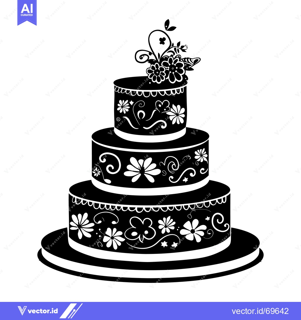 Premium Vector dari Black and White Three-Tiered Wedding Cake with Floral Design