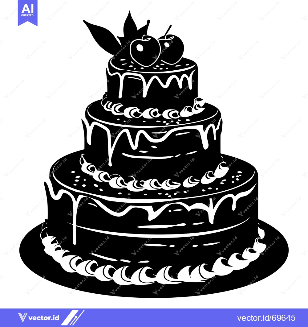 Premium Vector of Three-Tiered Cake with Cherries and Leaves Silhouette