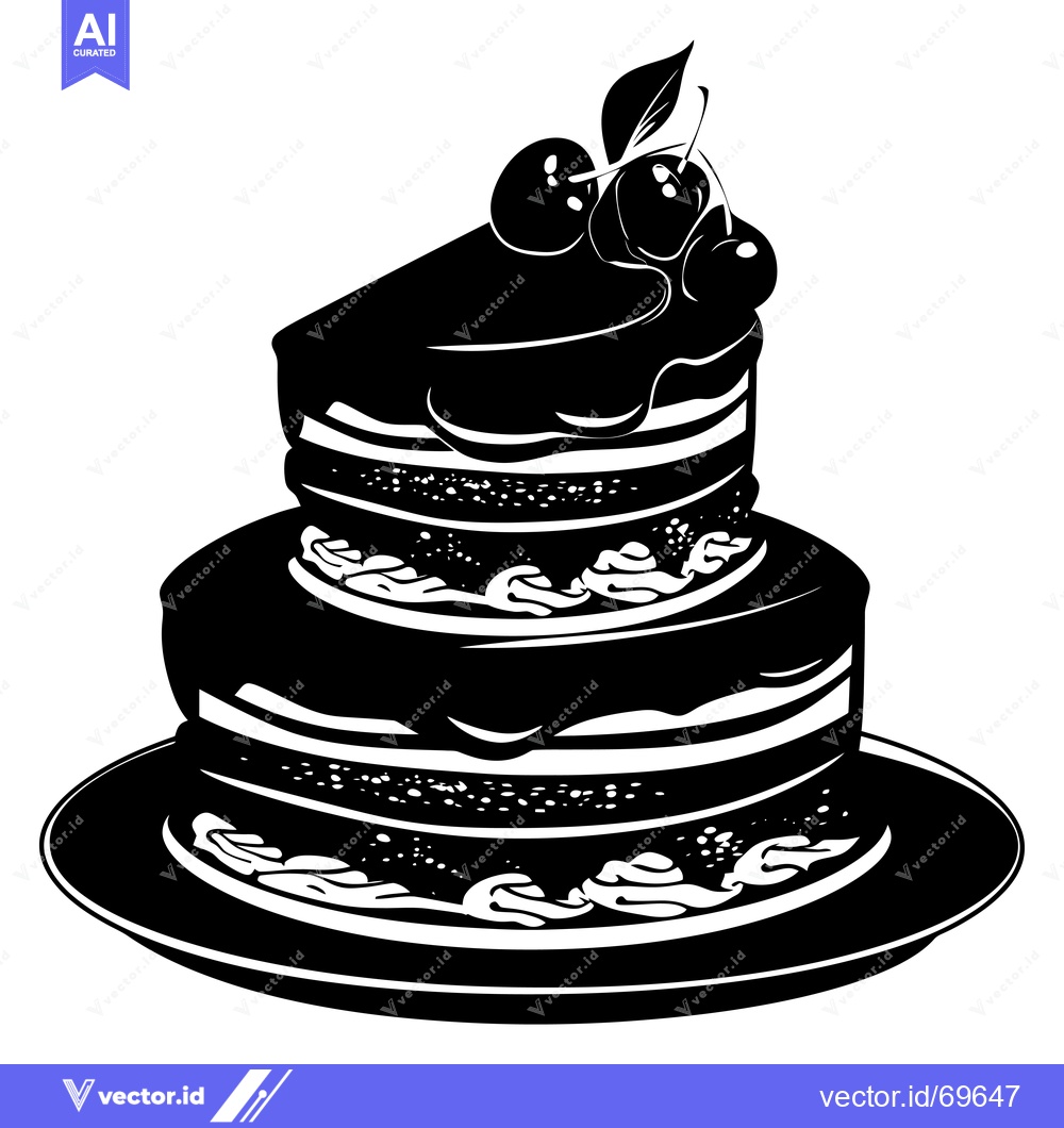 Premium Vector dari Black and White Silhouette of a Two-Layered Cake with Cherries on Top
