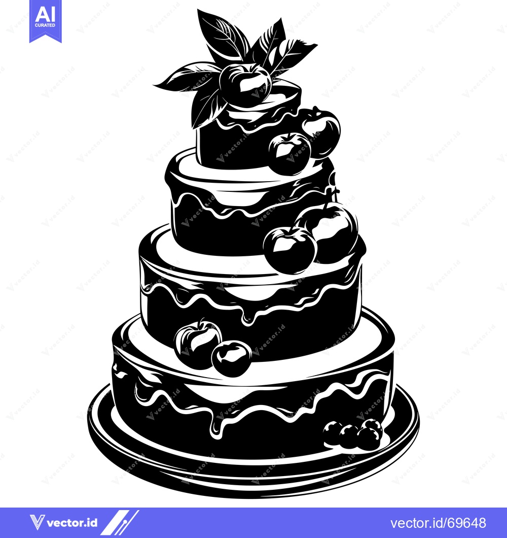 Premium Vector dari Black and White Silhouette of a Four-Tiered Cake with Berries and Leav