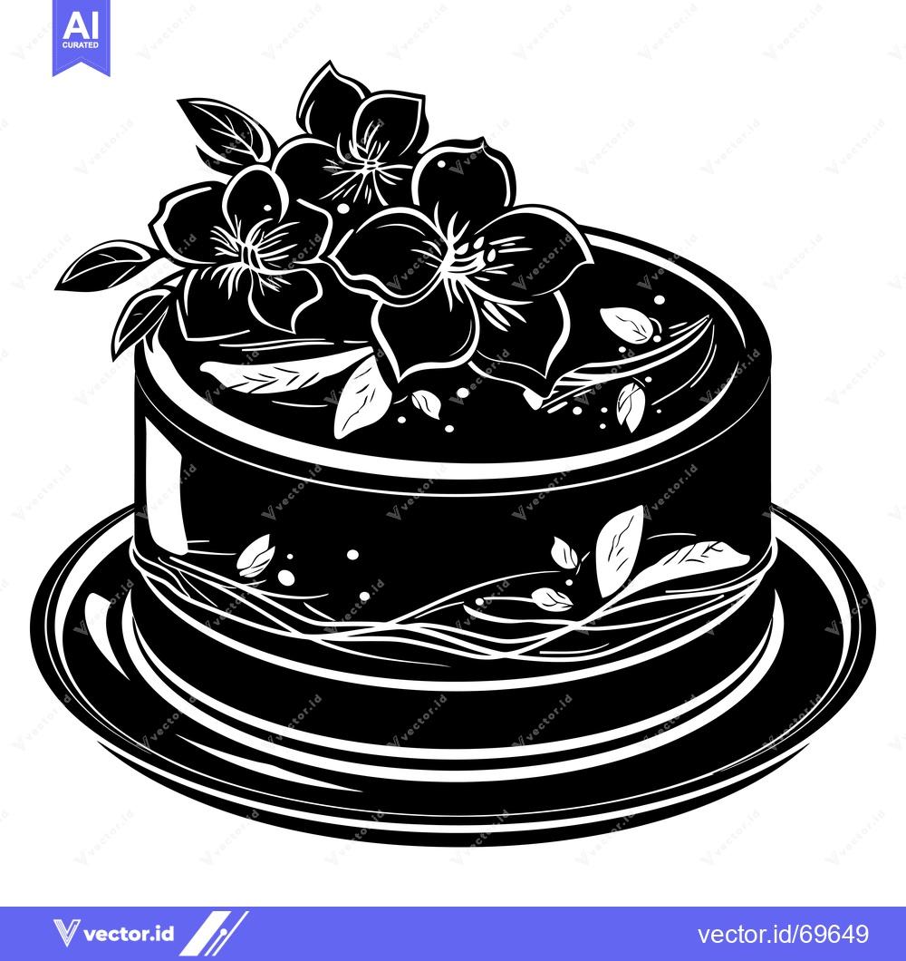 Premium Vector dari Black and White Illustration of a Cake with Flowers on Top
