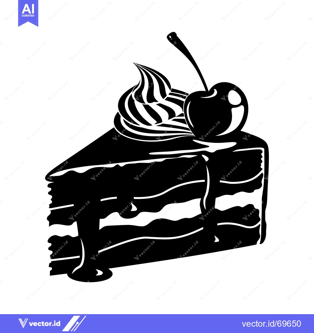 Premium Vector dari Black and White Silhouette of a Slice of Cake with a Cherry on Top