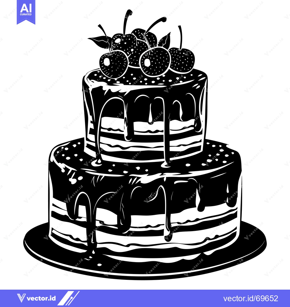 Premium Vector dari Two-Tiered Cake with Cherries and Drizzled Chocolate Icing