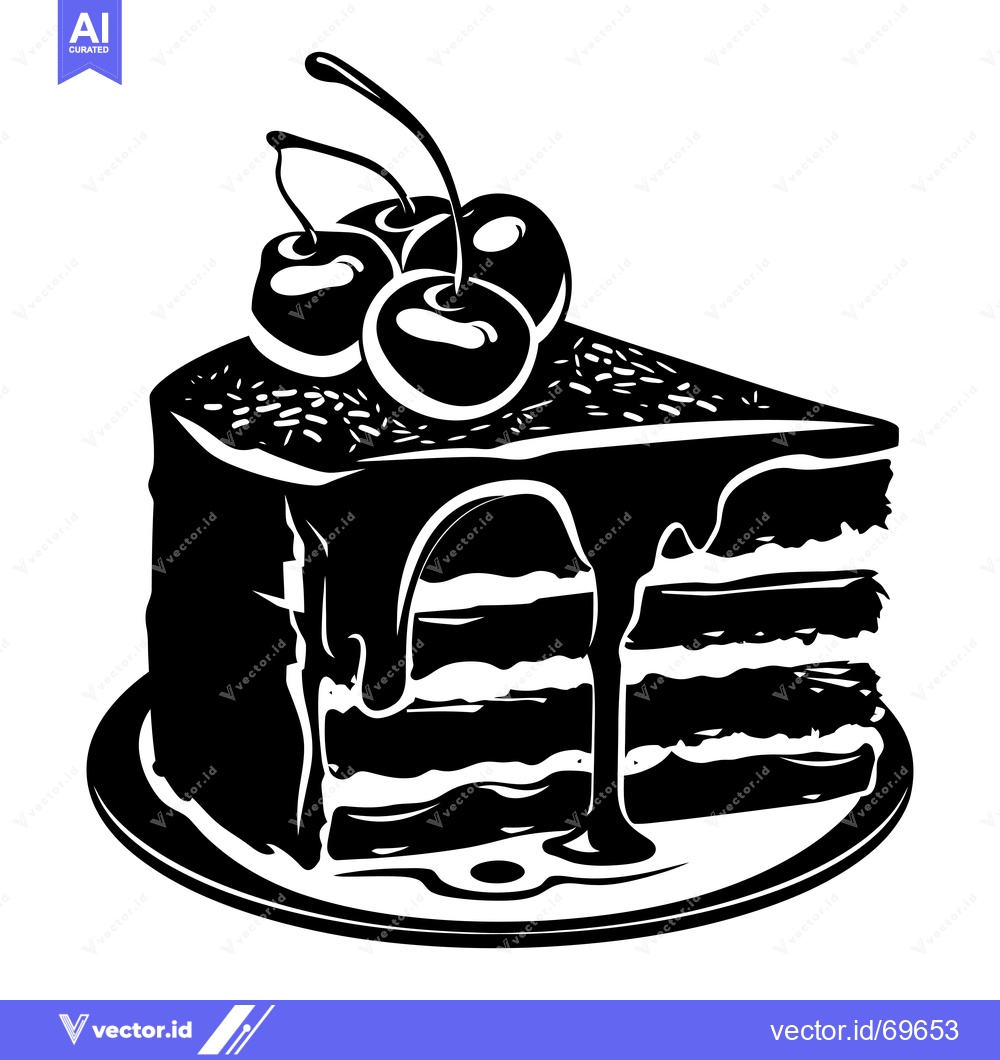 Premium Vector dari A Black and White Silhouette of a Slice of Cake with Cherries on Top