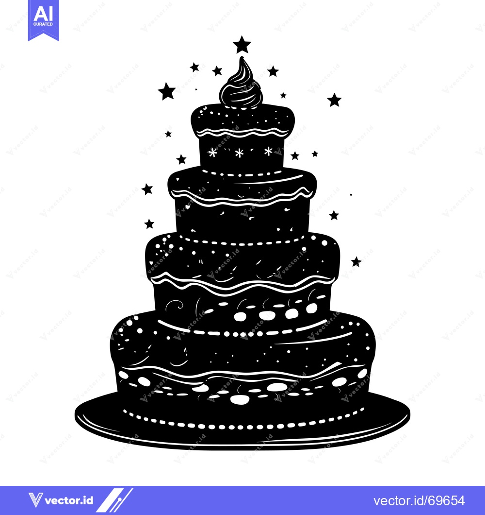 Premium Vector dari Black and White Silhouette of a Four-Tiered Birthday Cake with Stars