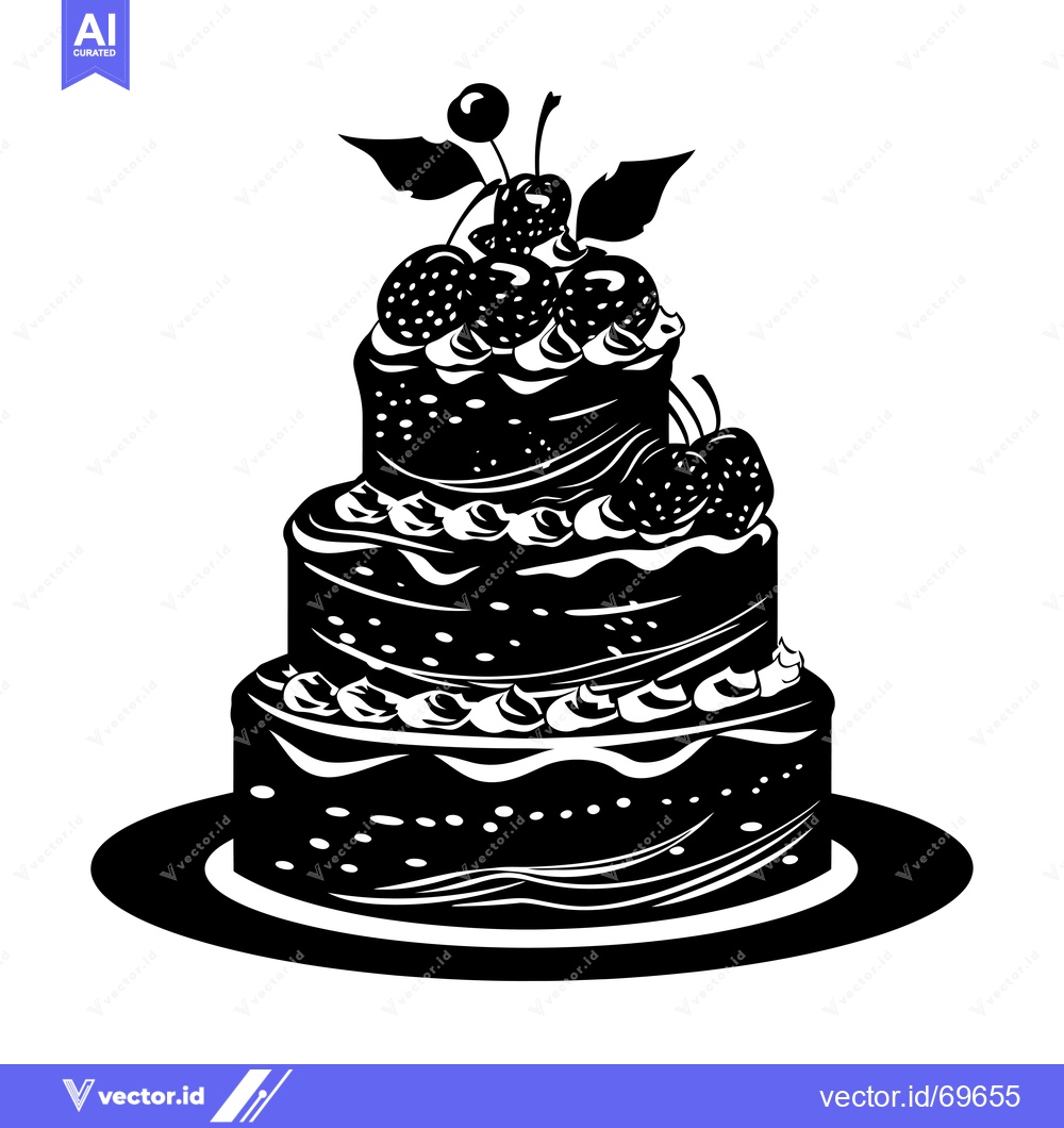 Premium Vector of Black and White Silhouette of a Three-Tiered Cake with Fruit Toppings