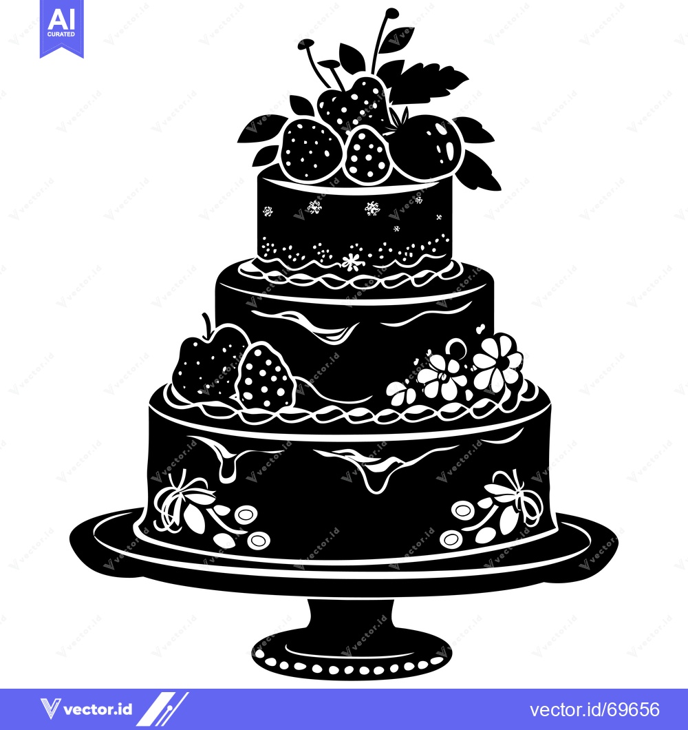 Premium Vector dari Three-Tiered Strawberry Cake with Buttercream Icing and Flowers