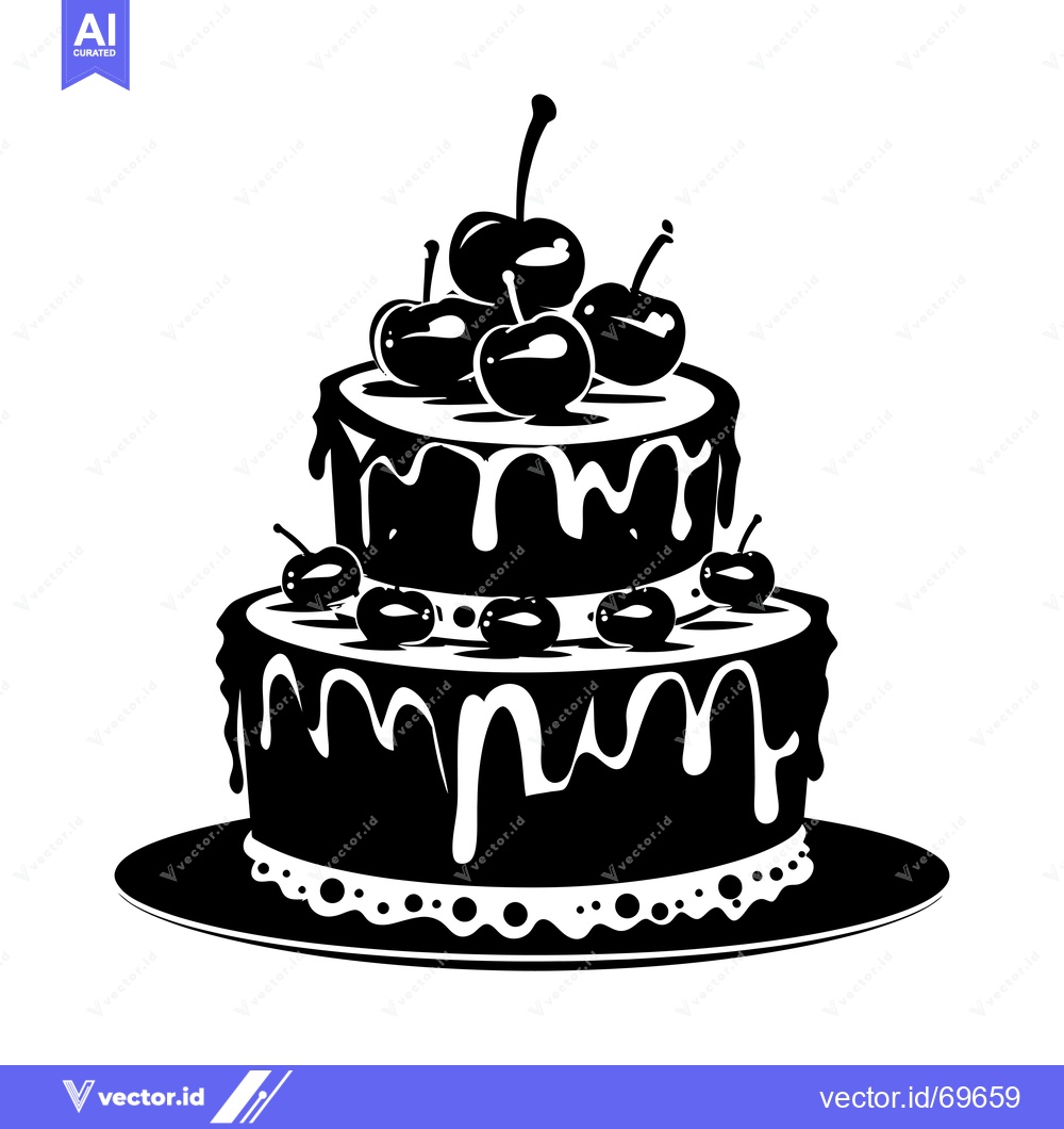 Premium Vector dari Two-Tiered Cherry-Topped Cake with Drizzled Icing