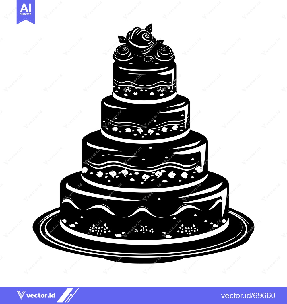 Premium Vector of Black and White Silhouette of a Four-Tier Wedding Cake with Rose Toppi