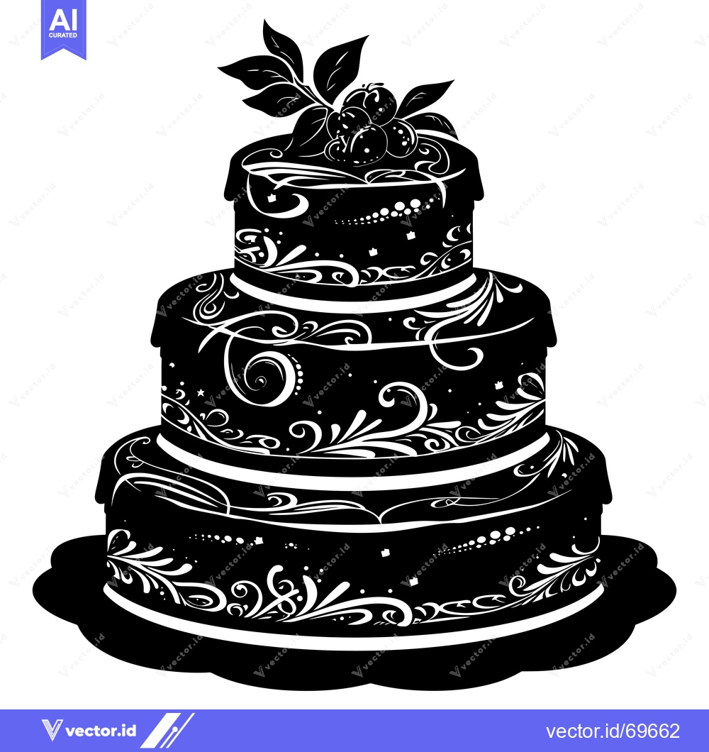 Premium Vector of Black and White Silhouette of a Three-Tiered Wedding Cake with Berries