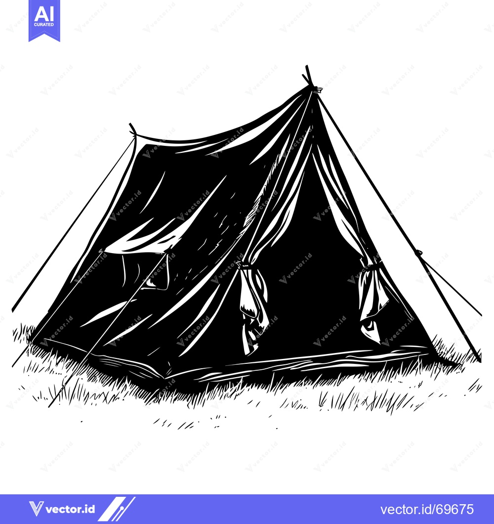 Premium Vector of Black and White Line Drawing of a Tent in Grass