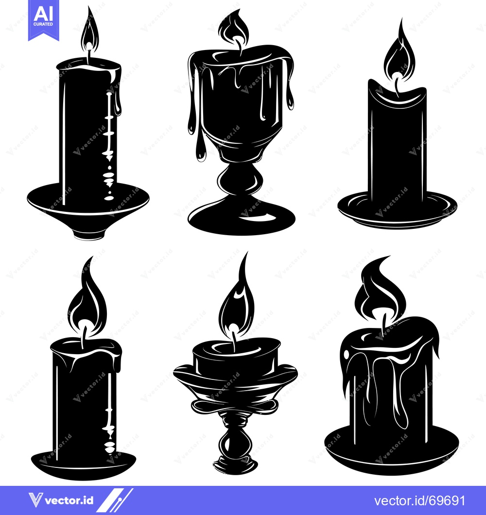 Premium Vector of Six Black Silhouette Candles with Flames and Wicks