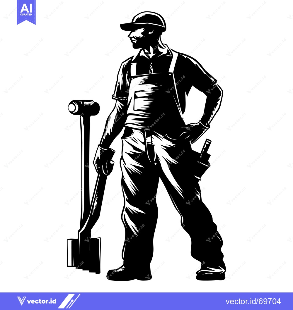 Premium Vector dari Black and White Illustration of a Construction Worker with a Sledgeham