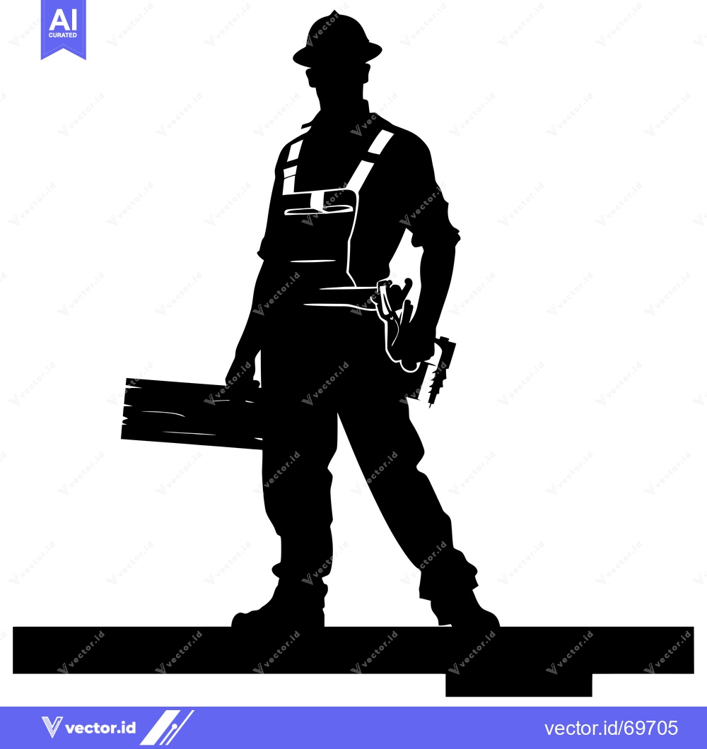 Premium Vector dari Silhouette of a Construction Worker Holding Wood and Tools