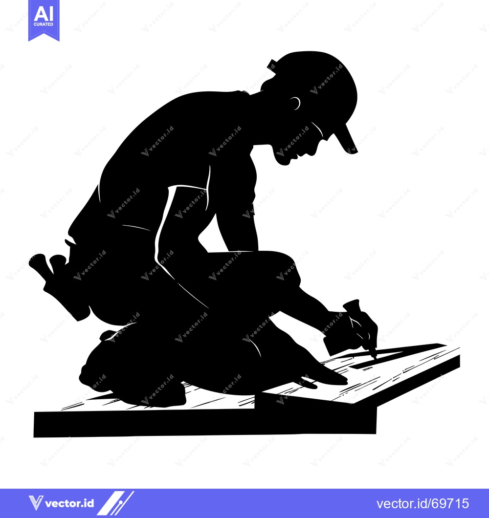 Premium Vector dari Silhouette of a Construction Worker Kneeling and Using a Tool on Wood