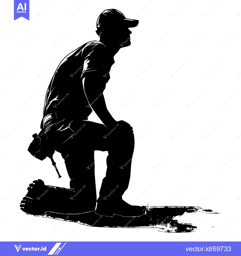 Premium Vector of Silhouette of a Man Kneeling with a Tool Belt and Hat