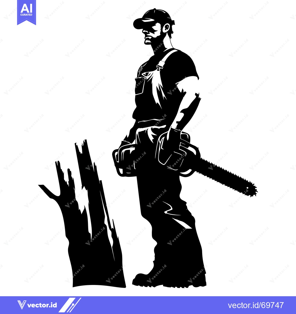 Premium Vector dari Silhouette of a Lumberjack Holding a Chainsaw Near a Cut Tree Stump