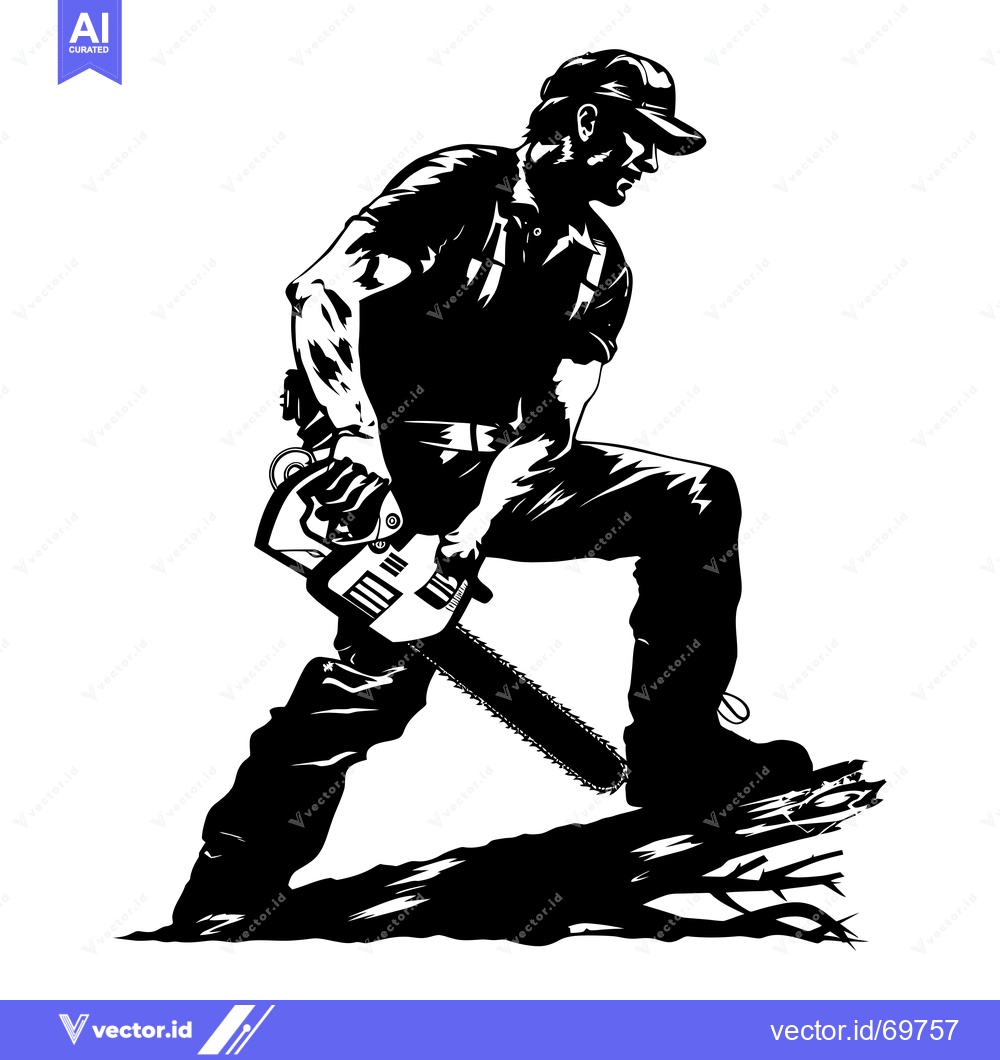 Premium Vector of Silhouette of a Lumberjack with a Chainsaw Standing on a Fallen Tree