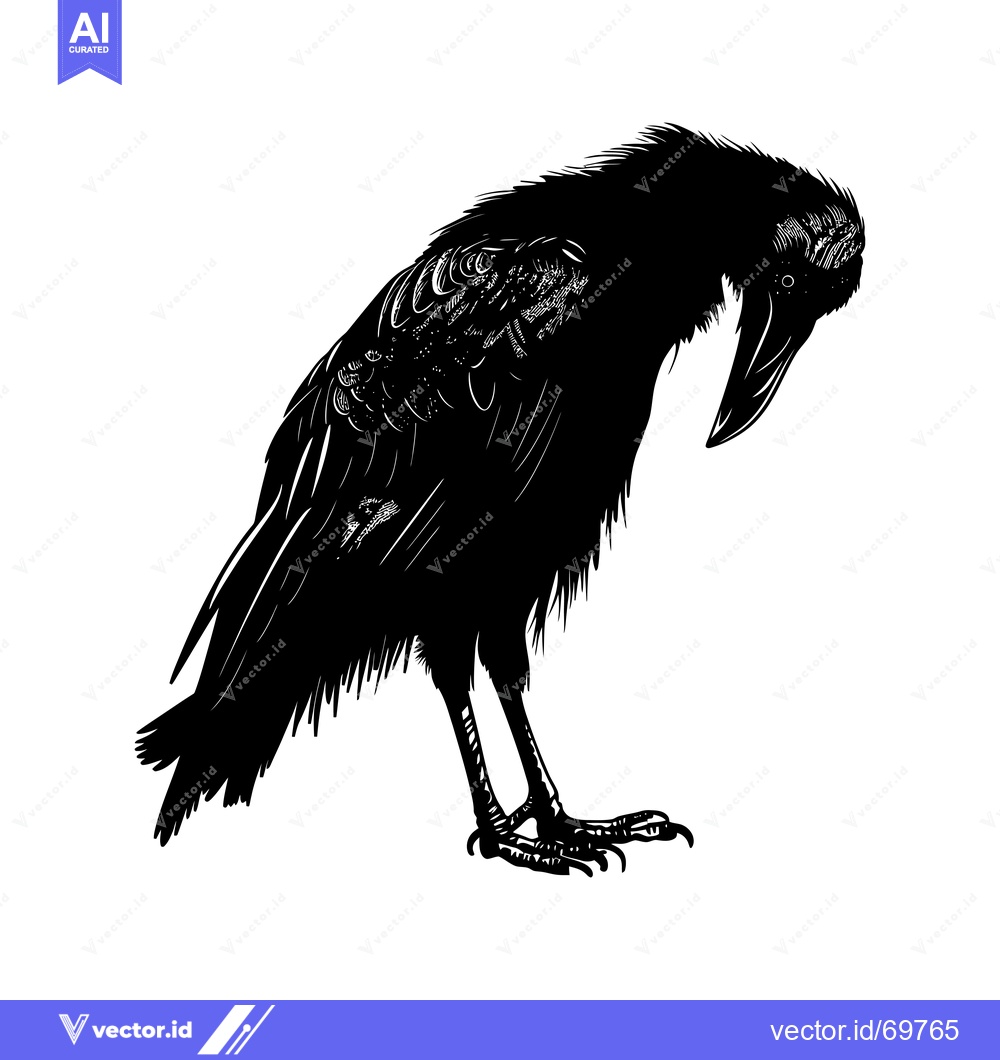 Premium Vector of Black and White Silhouette of a Crow with Head Down