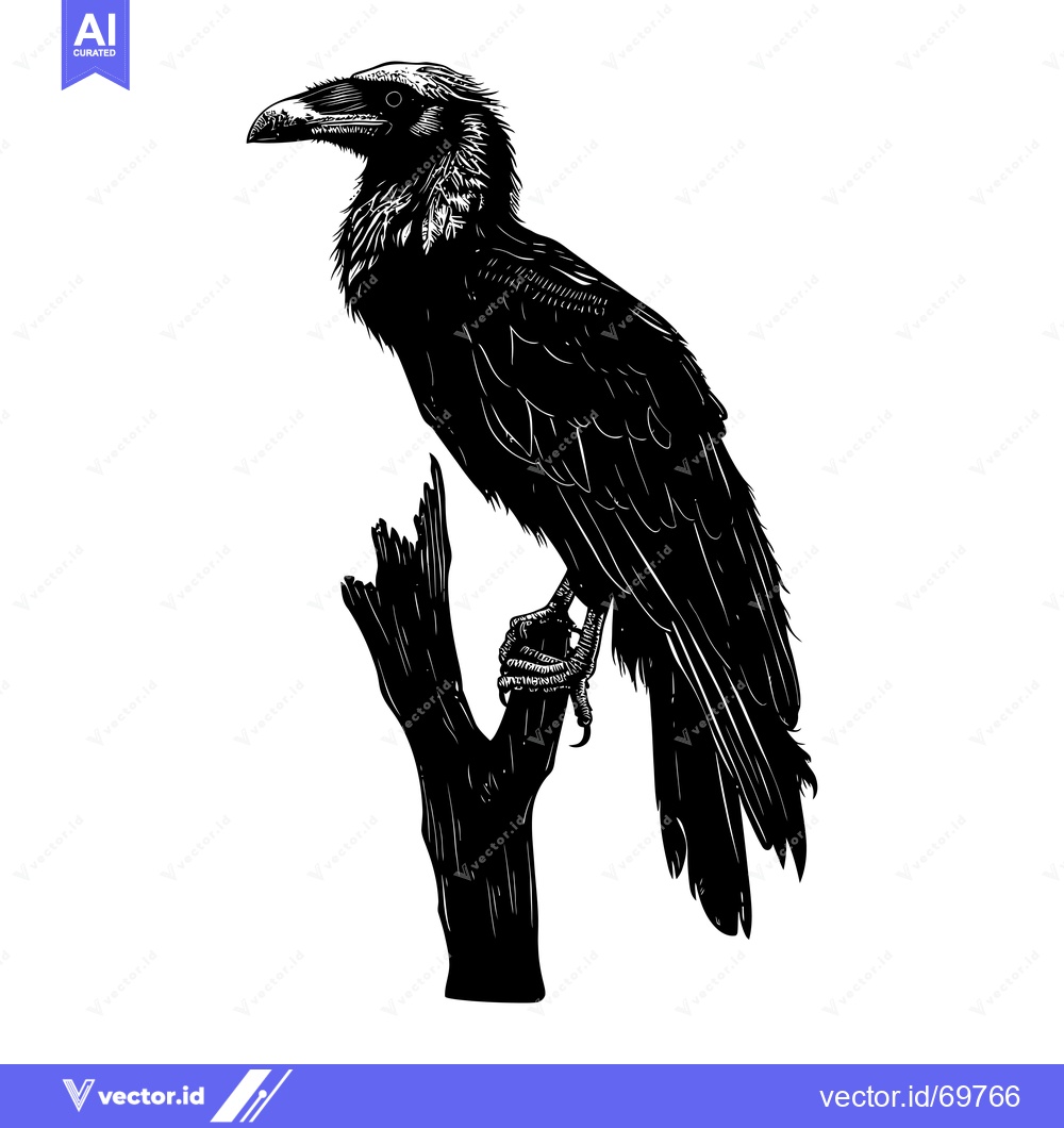 Premium Vector dari Black and White Silhouette of a Raven Perched on a Branch