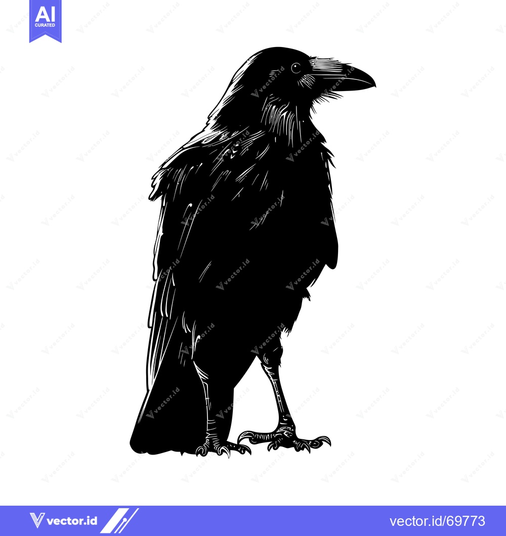 Premium Vector dari Black and White Illustration of a Standing Raven