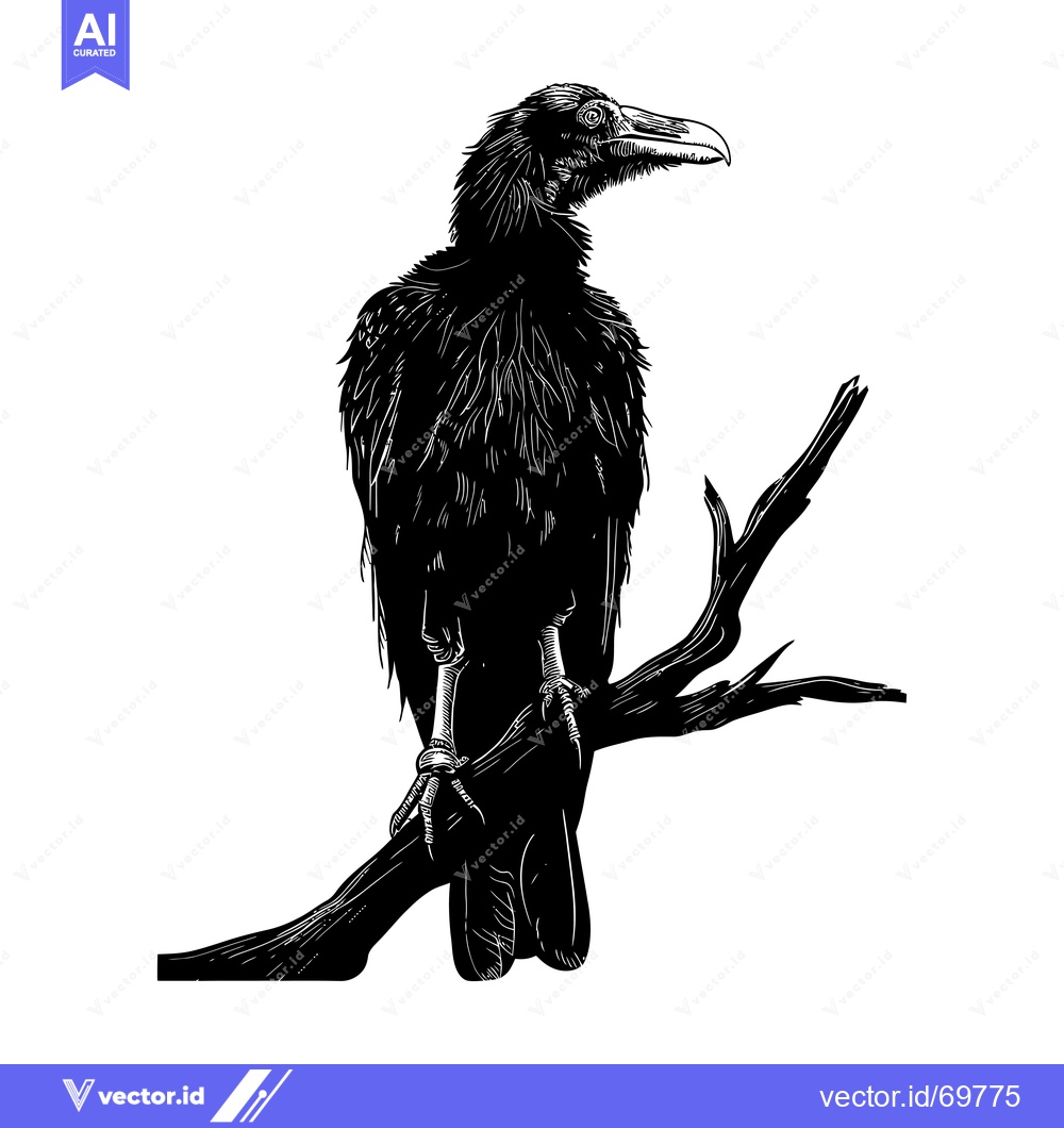 Premium Vector dari Black and white illustration of a raven perched on a branch