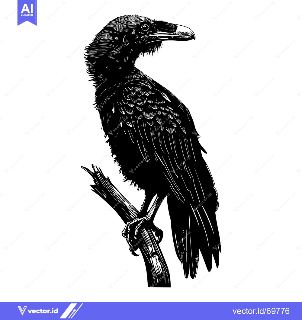 Premium Vector of Black and white illustration of a raven perched on a branch